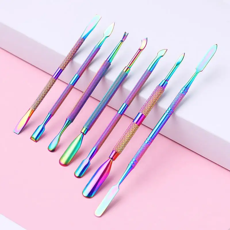 Professional Color Titanium Double-End Pusher Three-piece Set Nail Art Tool Skin Push Small Steel Pushers