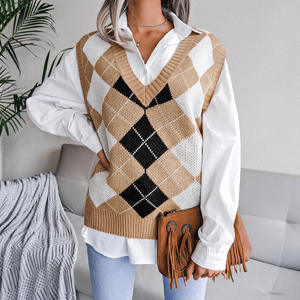 Women Oversized Knit <strong>Vest</strong> Sleeveless <strong>Sweater</strong> <strong>Argyle</strong> Pattern Women's Fall Knitted <strong>Sweater</strong> <strong>Vest</strong> Ladies Casual <strong>Vest</strong> Waistcoat - Product Image 3