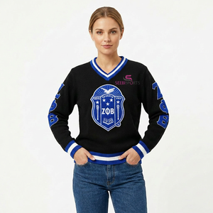 SEEBI SPORTS Pull en tricot uni à col en V pour femme, logo brodé ZOB sur le devant, bleu noir, style vintage, cardigan d'hiver - Product Image 1