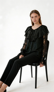 Elegante Damen-Blusen mit Rüschen und langen Ärmeln für den Herbst, lässige Oberteile, atmungsaktiv, gewebte Spitze, knitterarm, umweltfreundlich - Product Image 2