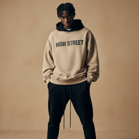 Sweat-shirt à capuche de luxe streetwear urbain, kaki et noir, à capuche superposée, coupe et couture personnalisées, coupe ample, vente en gros