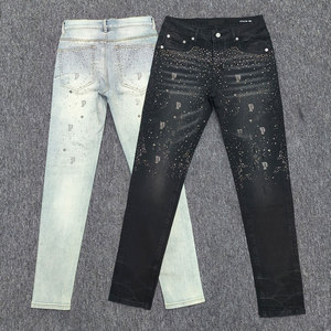Pantalones vaqueros de <span class=keywords><strong>hombre</strong></span> de corte alto con doble rodilla de diamantes de imitación, estilo Hiphop Oversize, con efecto de goteo en la parte inferior y diseño de diamantes de moda - Product Image 1
