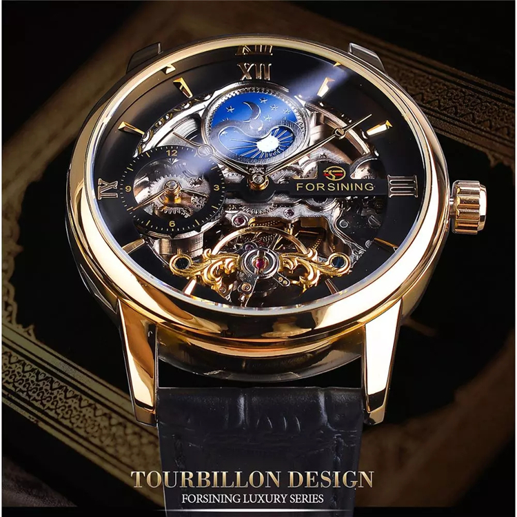Forsining GMT1195 Dual Time Zone Watch - Black Gold Leather Band