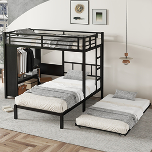Cama Triple Metálica Industrial con Armario Integrado, Escritorio Plegable Ajustable y Escalera, Diseño que Ahorra Espacio para Dormitorio - Product Image 2