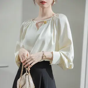 French Satin Silk Buckle Long Sleeve High Quality White Shirt Women's New Autumn High Grade Unique Chic Small Top Blouse