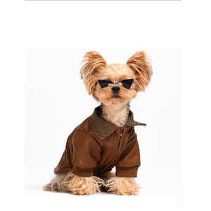 Stylish Brown PU Leather Lightweight Dog Winter Jacket Thick <b>Padded</b> Decorative Coat with D-Ring for Easy <b>Walking</b> - Product Image 1