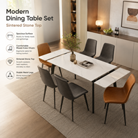Table à manger extensible en pierre frittée avec 6 chaises de couleurs variées, surface spacieuse, pieds en métal stables pour les réunions de famille