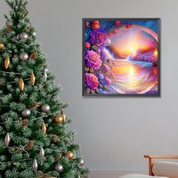 1PC 30*30cm Kit de Peinture Diamant Moderne DIY avec Motif Plage Colorée et Rose, Complet avec Strass Acryliques Ronds pour Décoration Murale