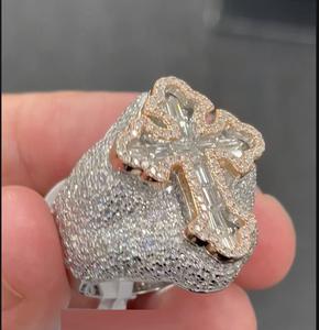 Nouvelle <span class=keywords><strong>bague</strong></span> chaîne cubaine hip-hop en argent rose bicolore plaqué micro-pavé CZ avec croix pour homme, style Christian Iced Out Bling - Product Image 5