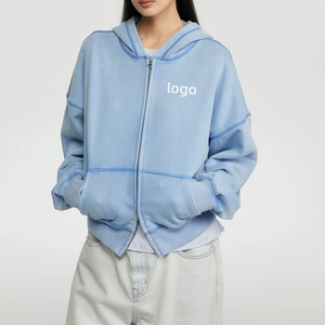Custom Streetwear Rhinestone Double <strong>Zipper</strong> Cotton <strong>Hoodie</strong> <strong>Women</strong> Acid Wash Oversized Blank Zip up <strong>Hoodie</strong> - Product Image 1