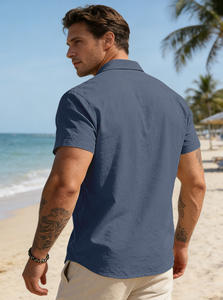 Camisa de Lino Distintiva para Hombre, Manga Corta de Verano, Cuello Clásico, Color Sólido, Diseño Elegante, Ropa Casual - Product Image 5