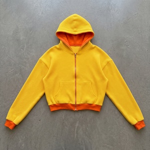 Sudadera con capucha y cremallera para hombre, estilo Y2K, de punto gofrado, corte holgado y corto, en amarillo y naranja de contraste, personalizada OEM, de alto gramaje, para streetwear. - Product Image 1