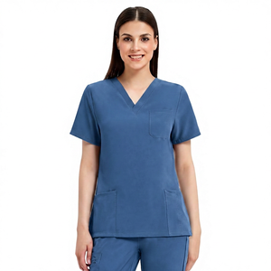 Haut de blouse médicale pour femme, col en V, noir, coton et polyester, tissé, uniforme d'hôpital, avec poches - Product Image 6