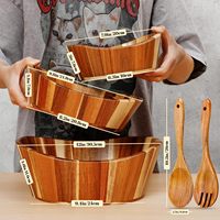 Holz-Salatschüssel-Set mit Serviergabeln, Magnetische Besteckgarnitur im Wellendesign, 6-8 Portionen, Familienmahlzeiten, Geschenk, Dekoration