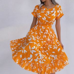 Vestido Midi Escalonado Otoño 2025 - Estampado Botánico y Escote Tipo Resort |   Transición de Temporada en el Núcleo Costero - Product Image 1