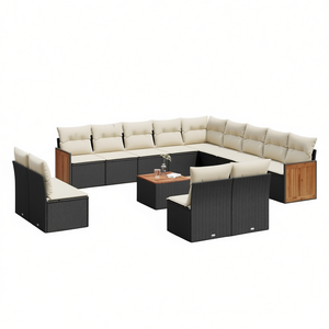Ensemble de salon de jardin 14 pièces D0100XFTCTX en rotin PE noir avec pieds réglables, design contemporain et panneaux en teck - Product Image 1