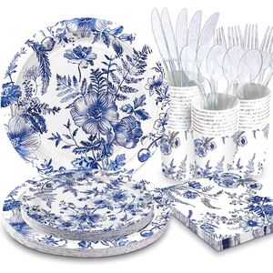 Juego de Vajilla Desechable DAMAI con Diseño de Flores Azules y Blancas, Incluye Platos, Vasos y Servilletas para Decoración de Bodas y Fiestas de Cumpleaños - Product Image 1