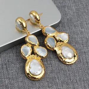 Joyería de perlas galvanizadas de oro LS-D1154 para joyería de boda, pendiente de gota de perla de forma Irregular, pendiente de perla de agua dulce