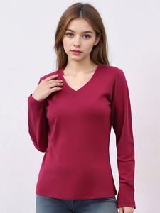 <span class=keywords><strong>Camiseta</strong></span> de Diseñador para Mujer, 230 g/m², 92% Algodón, 8% Elastano, Blanca, Manga Larga, Cuello en V, Cintura Ajustada, Estampada - Product Image 2