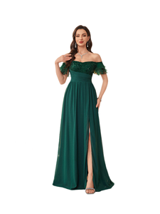 Robe de soirée formelle en mousseline de soie pour femmes, couleur verte, épaules dénudées, paillettes, perles, volants, manches à 3 couches, ceinture à la taille, fente latérale plissée - Product Image 1