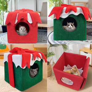 Christmas Cat House Square Soft Pet Bed With Warm Fleece For Indoor Cats Winter Gift - Product Image 2