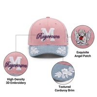 Casquette de baseball vintage rose personnalisée avec logo, visière en velours côtelé bleu, broderie 3D, lettres, chapeau de sport avec patch latéral ange pour hommes et femmes