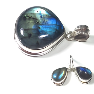 Parure de bijoux en argent sterling 925 avec labradorite, pendentif et boucles d'oreilles, pierre précieuse à reflet bleu, forme goutte d'eau, sertissage clos, pour femme - Product Image 1