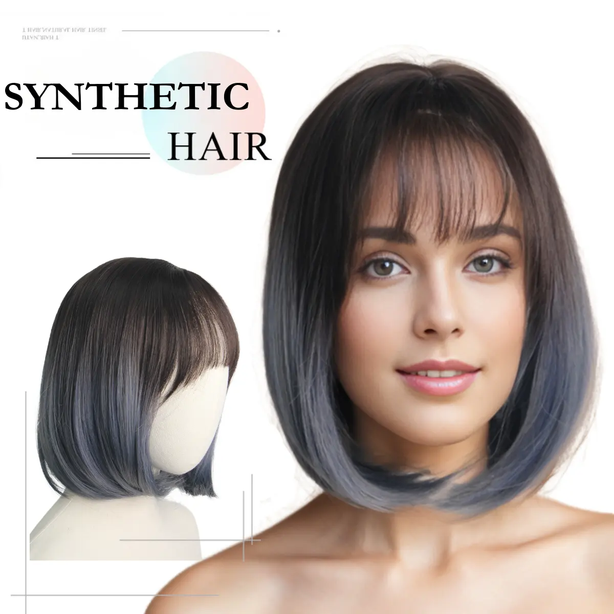 Free Sample Short Bob Straight Wig with Cute Flat Bangs Synthetic Hair for Daily Party