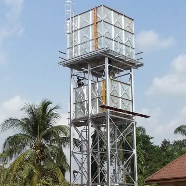 Tanque de agua de acero prensado de 50 m3 con torre de acero alto de 8m, tanque de agua galvanizado por inmersión en caliente de 5*5*2m para agua potable