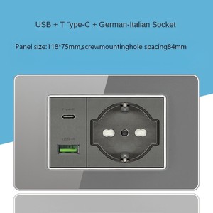 Prise murale double USB type C en verre trempé, norme allemande, avec interrupteur et trois prises de courant - Product Image 5