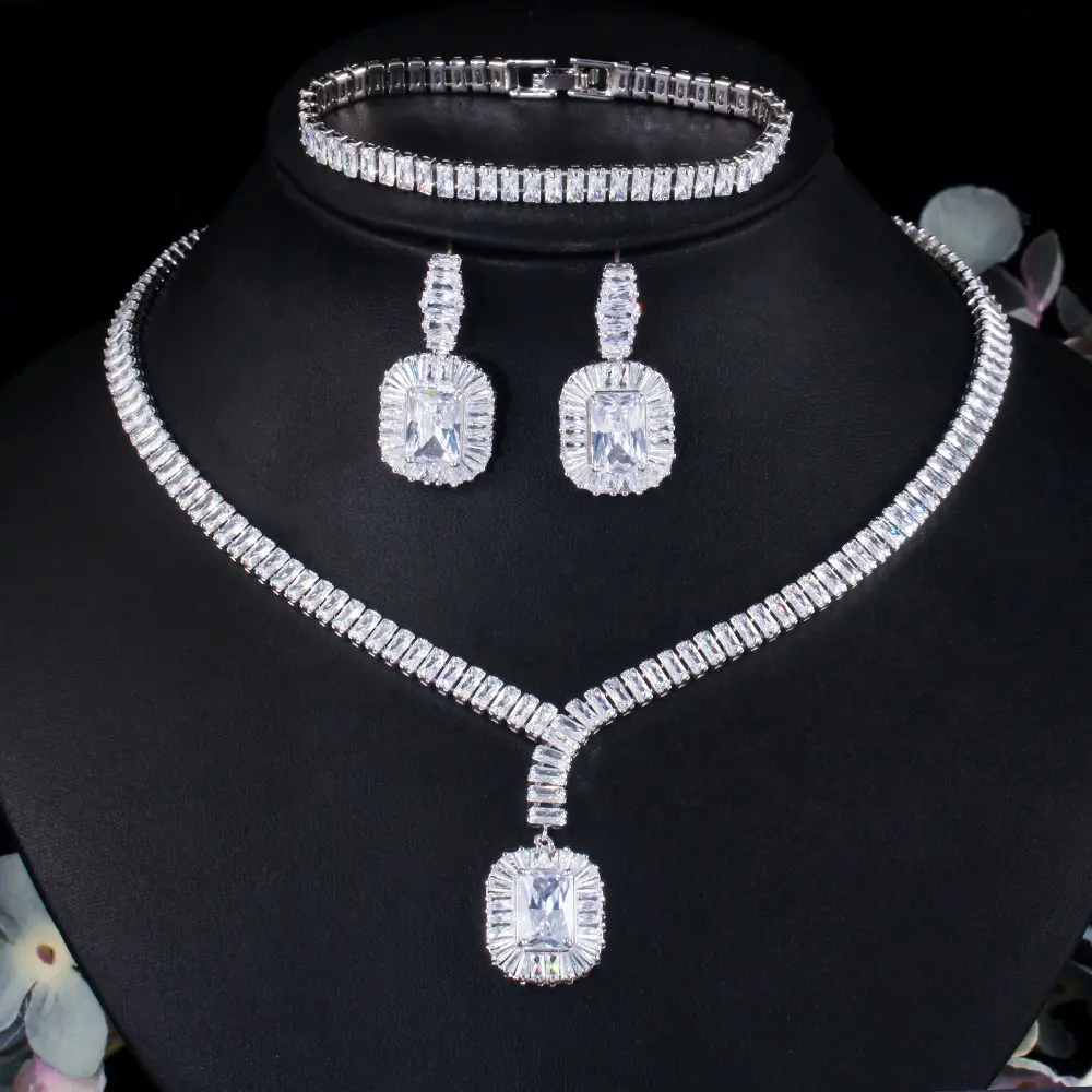 Minimalist Luxury Wedding Jewelry Sets Korean Bridal Geometric AAA Zircon Diamond Tennis Choker Necklace Drop Stud Earring Set