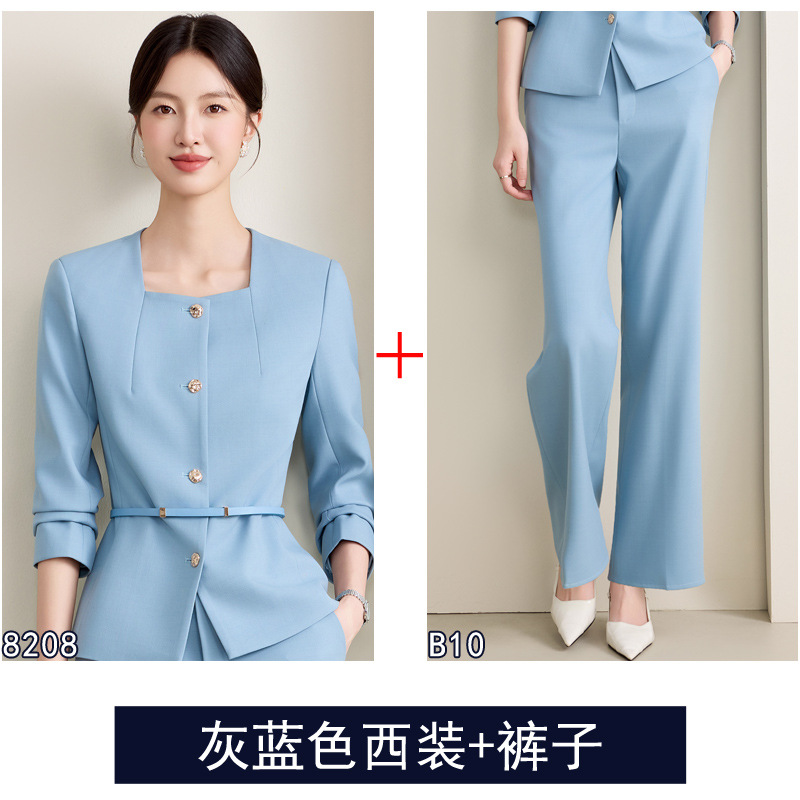 Gray-blue suit wide-leg trousers belt