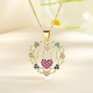 Colliers pendentifs cœur pour femme en laiton plaqué or 18 carats avec zircone cubique colorée 3A, bijoux fantaisie en gros pour maman - Product Image 1