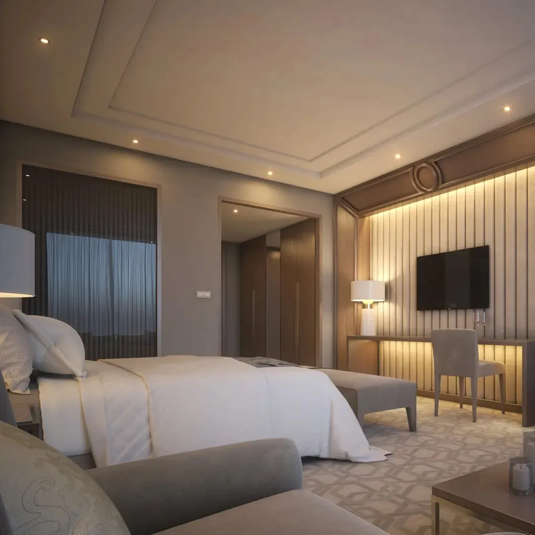 Foshan High-End Hotel Meubelfabrikanten Vijfsterren Hotelkamer Meubilair Hotel Bed Compleet Project