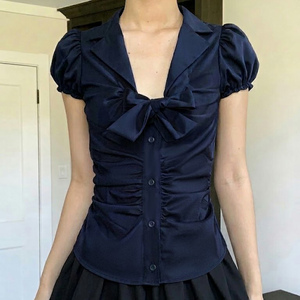 Blusa de Color Sólido con Cuello Camisero y Cintura Fruncida para Mujer, Estilo Dulce y Femenino - Product Image 1
