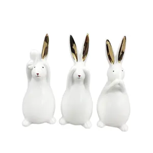 三个小兔兔小俑，白色陶瓷兔饰，不见，听不到，不说话，可爱的小兔子