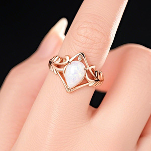 Anello di Fidanzamento Classico in Ottone con Foglia e Goccia d'Acqua, Imitazione Opale, Gioiello di Lusso Leggero, Regalo - Product Image 4
