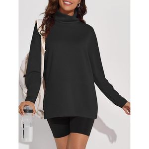 Sweat-shirt oversize à col roulé pour femme, manches longues, coupe ample, fentes latérales, pull tunique asymétrique en maille respirante - Product Image 5