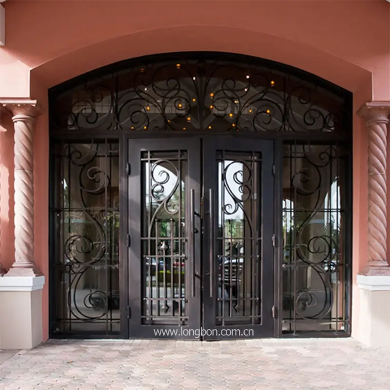 Porta de entrada de ferro forjado à mão design com vidro temperado