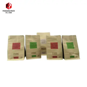 Custom printed food grade kraft paper PLA biodegradable flat bottom pouch with ziplock coffee nut whey protein powder bag