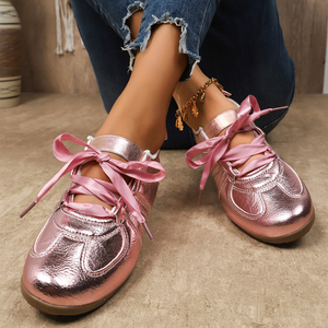 Bairuilun – Baskets plates de luxe pour <span class=keywords><strong>femme</strong></span> avec rubans dorés, chaussures décontractées roses en satin pour la marche - Product Image 3