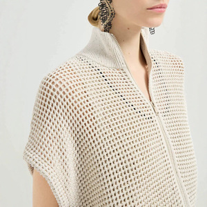 <span class=keywords><strong>Cardigan</strong></span> décontracté sans manches pour femme en <span class=keywords><strong>maille</strong></span> scintillante à col roulé avec fermeture éclair, mélange de lin, couleur unie, collection printemps - Product Image 3