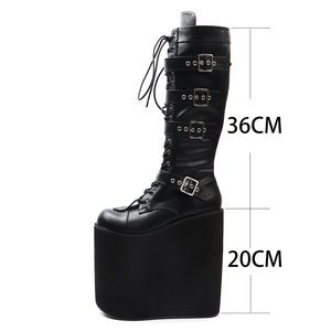 20CM <strong>Punk</strong> Round-Toe Platform High Heel Queen Shoes Lace-Up Mid Calf <strong>Boots</strong> - Product Image 3