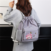 Sac à dos de sport décontracté avec broderie florale, pliable et polyvalent, style tendance, fermeture éclair et doublure en polyester