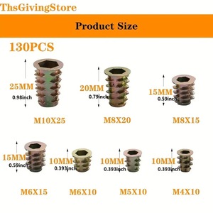Tuercas Preincrustadas de Aleación de Zinc para Muebles, Insertos de Rosca Métrica M4 M5 M6 M8 M10, 130 Piezas, Accionamiento por Enchufe, Rosca Derecha - Product Image 2