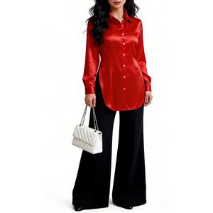 Women's Satin Longline Shirt Lapel Collar Button-Up Side Slit Blouse Casual Formal <b>Top</b> Fashion - Product Image 1