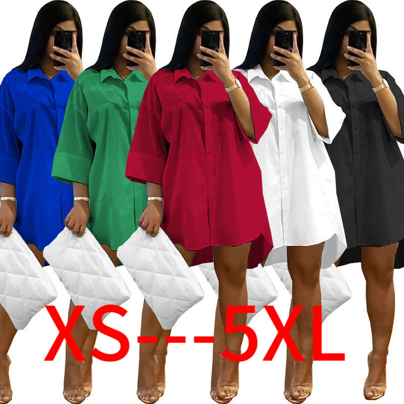 2022 Lente Zomer Nieuwe Plus Size Vrouwen Kleding Half Mouw Effen Kleur Losse Overhemd Casual Jurken