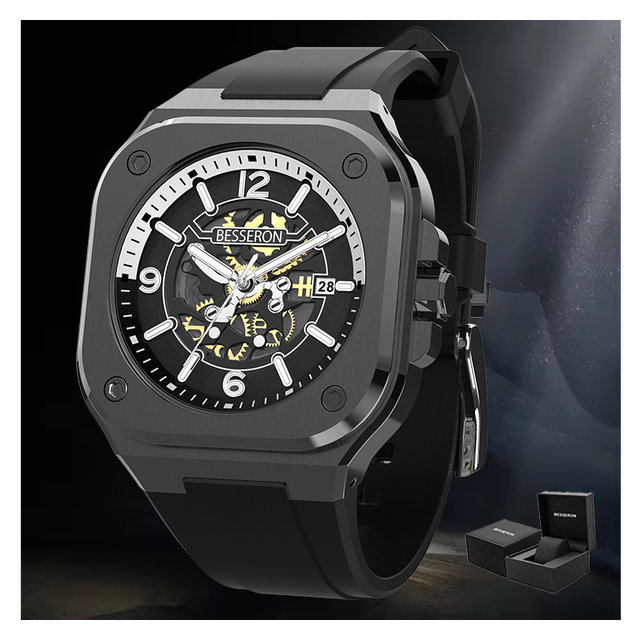 Fashion Style Adjustable Silicone Band Triangle Skeleton Mechanical Watches with Crystal Bezel Large Face Men's WristWatch