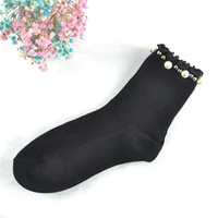 Chaussettes en coton tricoté transparentes, respirantes, antibactériennes, colorées, unies, à volants, pour femmes, avec perle, vente en gros
