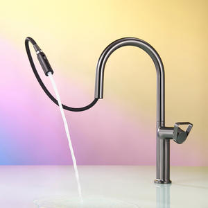Grifo de Cocina Mezclador de <span class=keywords><strong>Agua</strong></span> Fría y Caliente con Núcleo de Latón, Diseño Contemporáneo, Fácil de Limpiar, Color Gris Metálico, Extraíble - Product Image 3